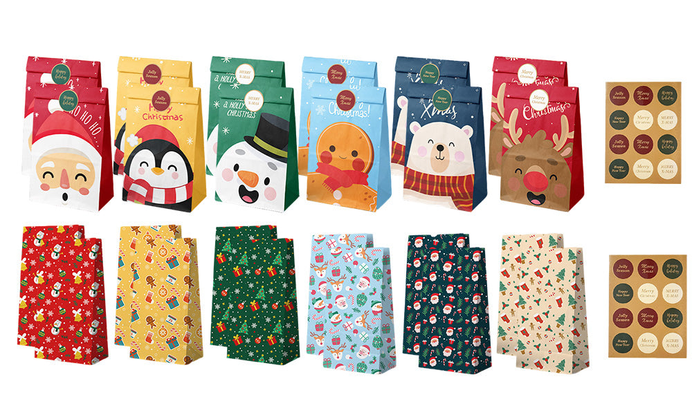 24PCS Christmas Flat Top Paper Gift Bags for Christmas Eve Apples