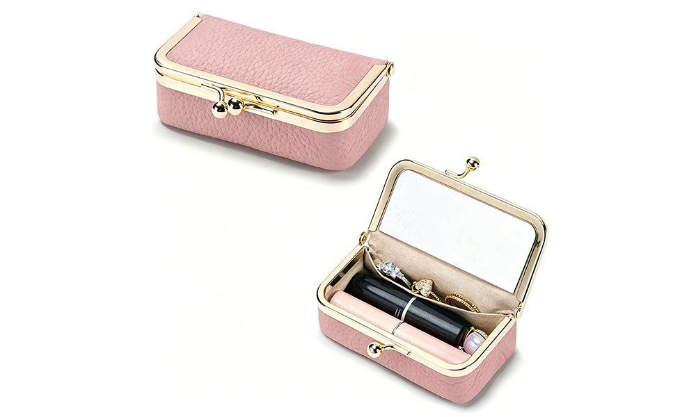 Genuine Leather Lipstick Pouch with Mirror Kiss Lock and Compartments