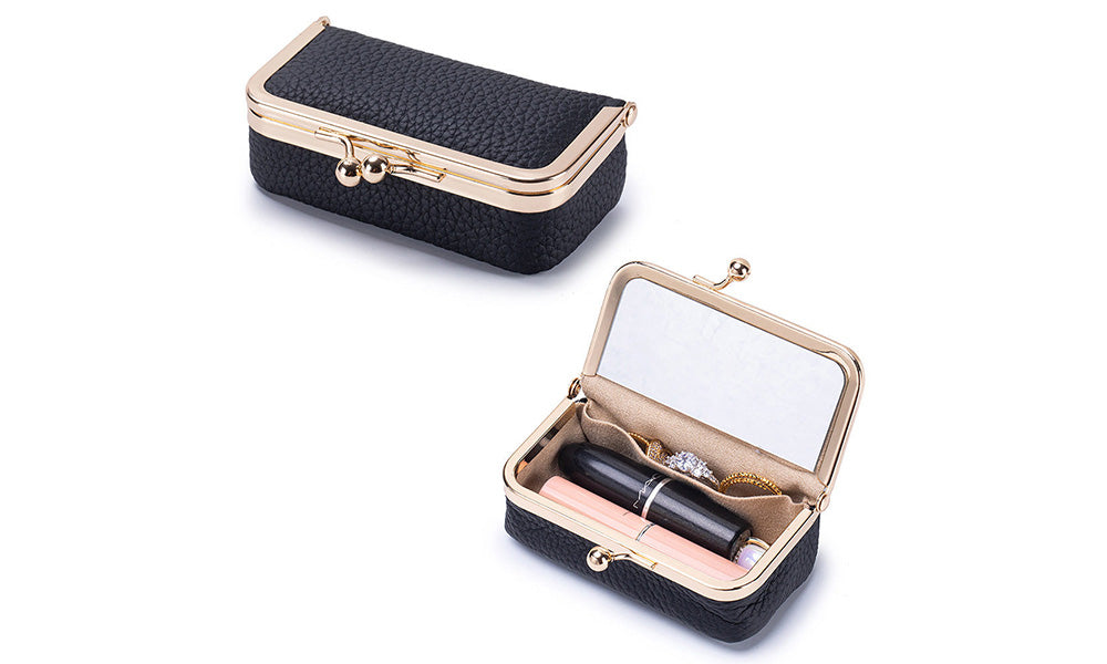 Genuine Leather Lipstick Pouch with Mirror Kiss Lock and Compartments