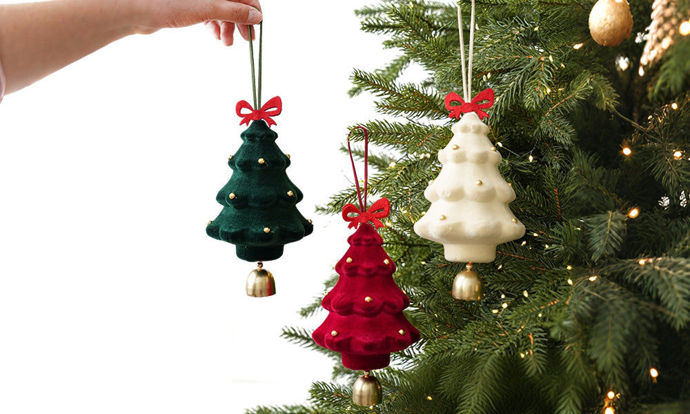 3PCS Flocked Christmas Tree Hanging Ornaments with Bell Pendants