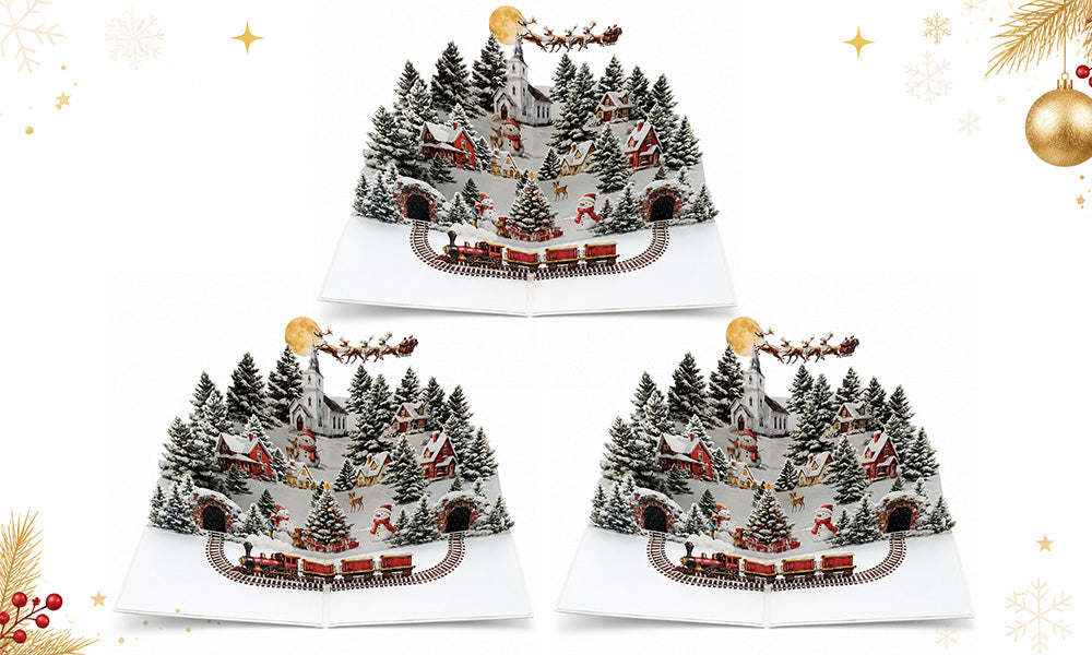 3 PCS 3D Night City Snowman Christmas Greeting Cards with Envelopes