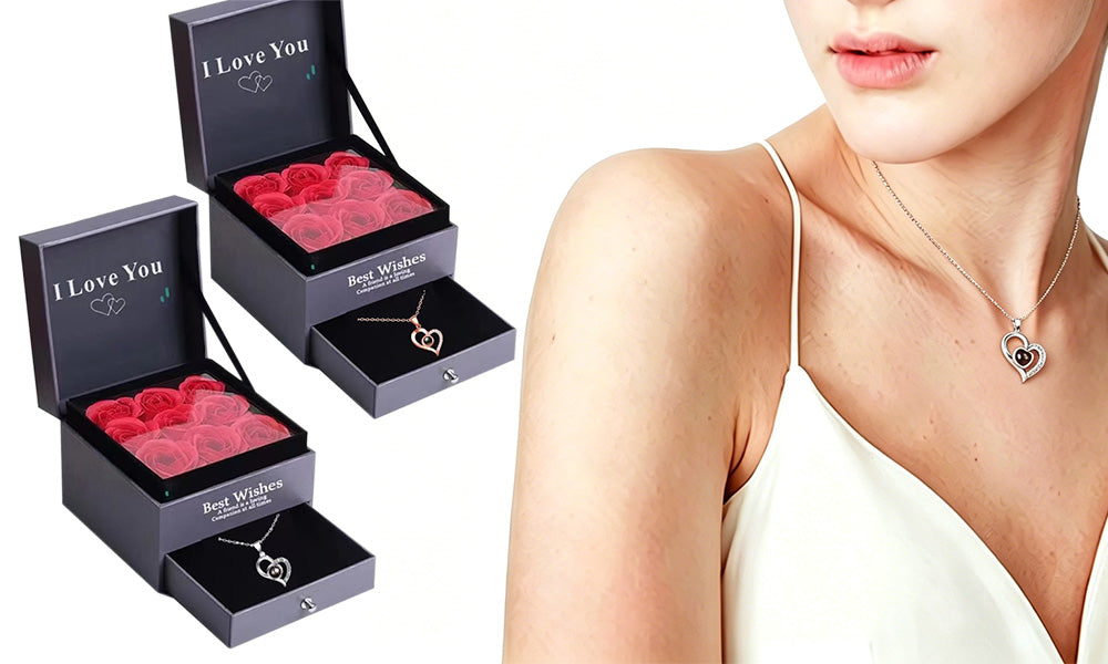 100 Languages Projection I Love You Necklace and Storage Box Set Heart Pendant Necklace with 9Pcs Preserved Rose