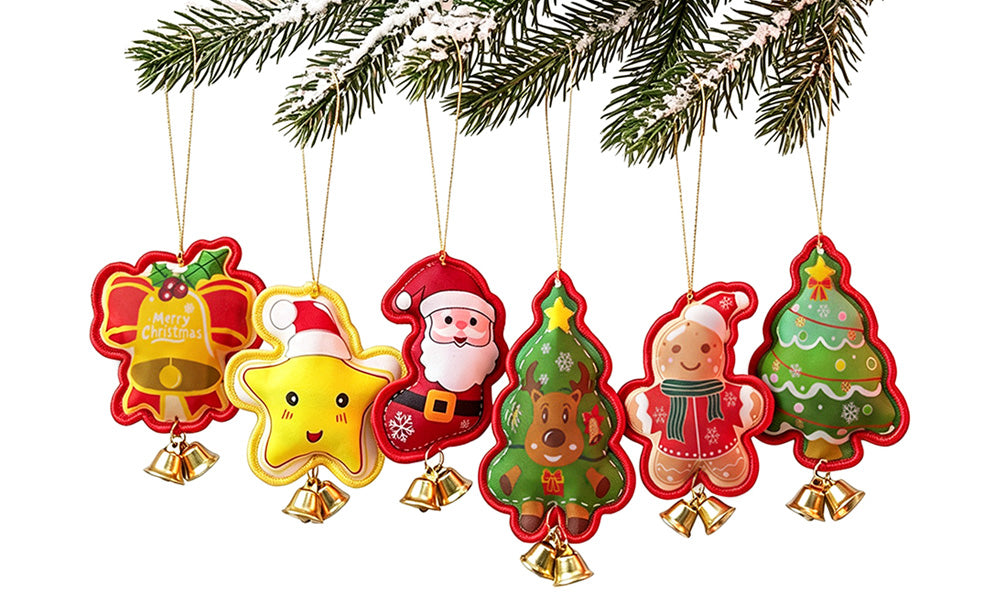 6 PCS Embroidered Padded Christmas Ornaments with Metal Jingle Bells
