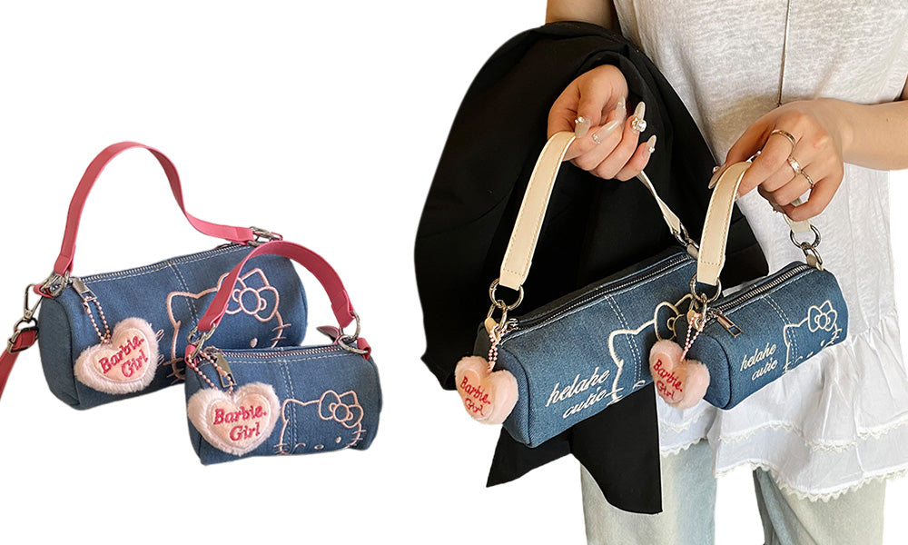 Cute Cylinder Handbag for Women Denim Bag with Top Handle