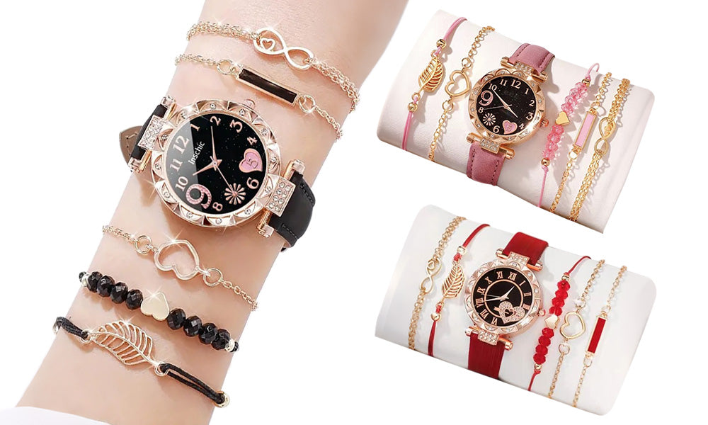 Women Quartz Watch and Beaded Bracelet Set Fashion Wristwatch Jewelry Gift Set