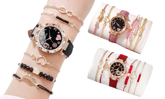 Women Quartz Watch and Beaded Bracelet Set Fashion Wristwatch Jewelry Gift Set
