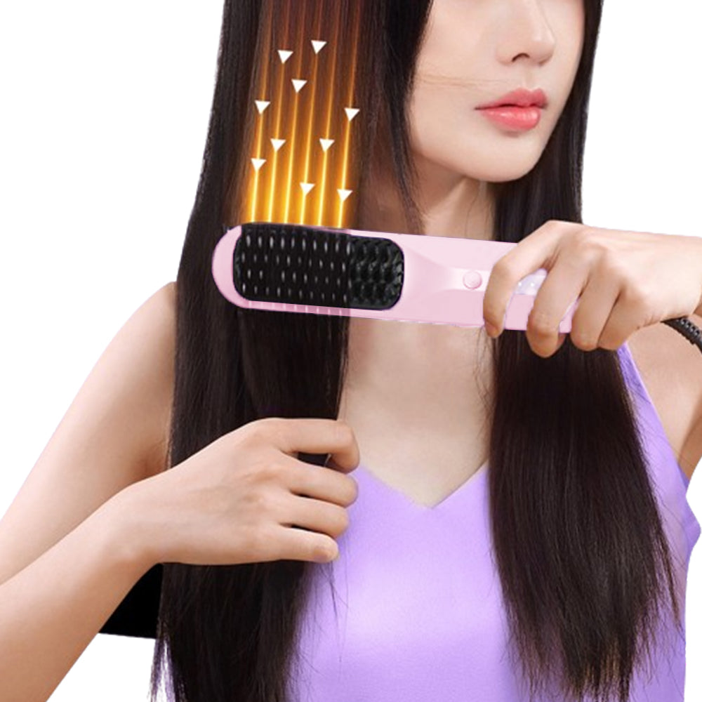Portable Cordless Hair Straightener Brush Negative Ion Heating Pink