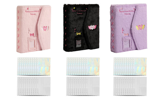 A5 Fluffy Embroidered 6-Ring Snap Closure Photo Album with 4-Pocket Card Pages