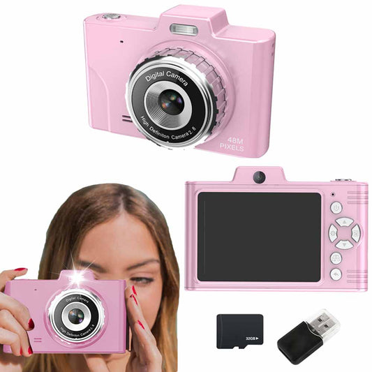 Dual Camera 48MP Digital Camera 8X Zoom 1080P HD Digital Camera  with 32G Memory Card Pink