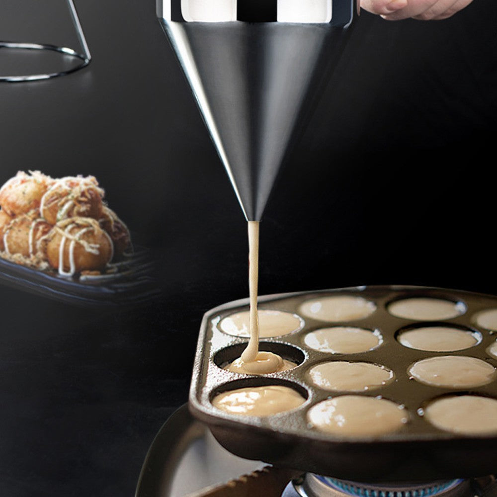 Pancake Batter Dispenser Stainless Steel Funnel with Stand and 4 Silicone Mouths