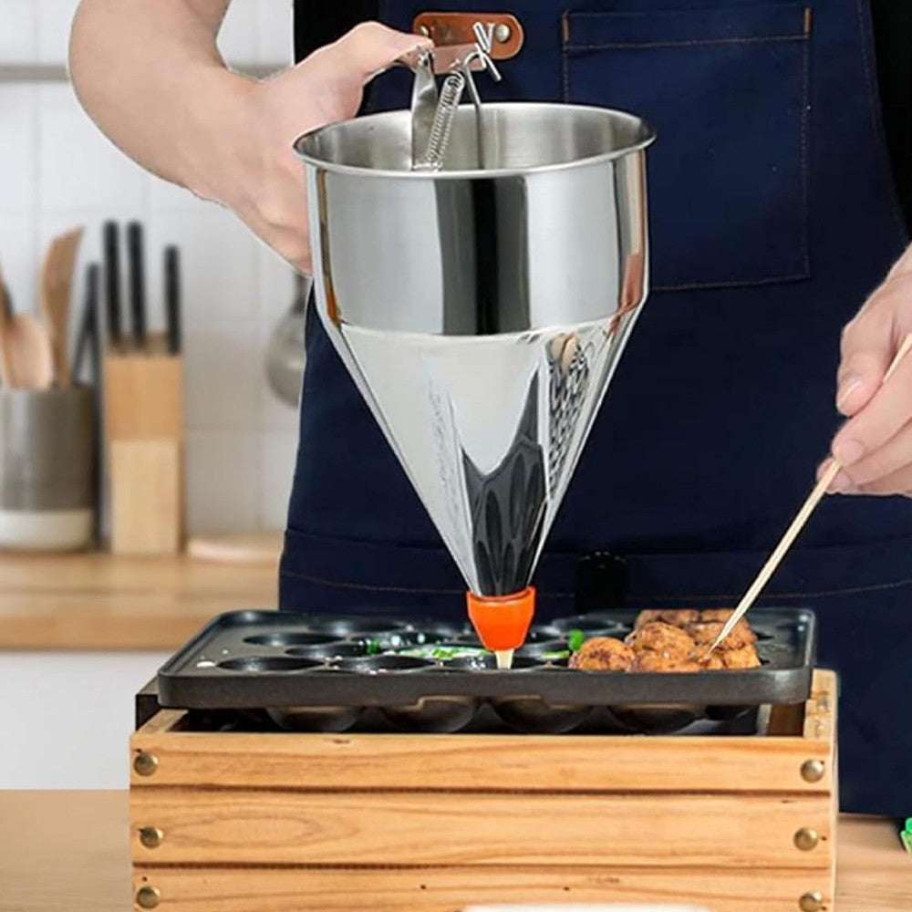 Pancake Batter Dispenser Stainless Steel Funnel with Stand and 4 Silicone Mouths