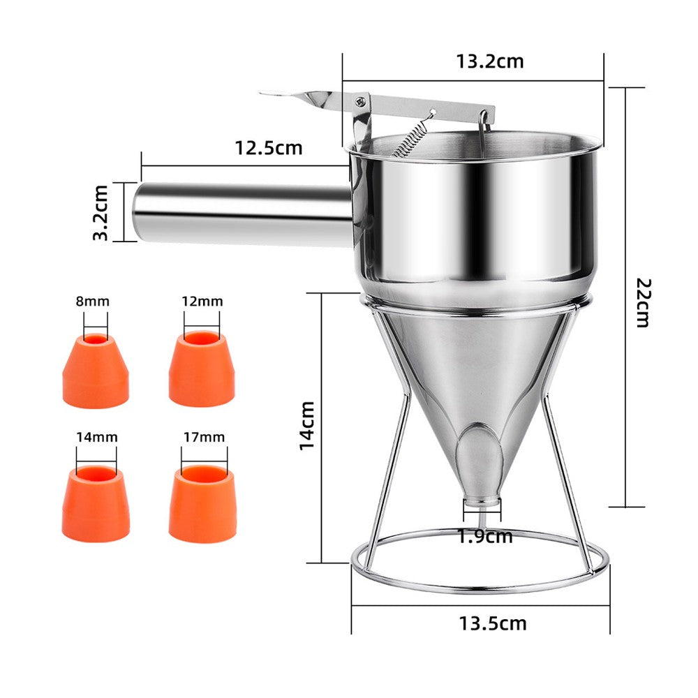 Pancake Batter Dispenser Stainless Steel Funnel with Stand and 4 Silicone Mouths