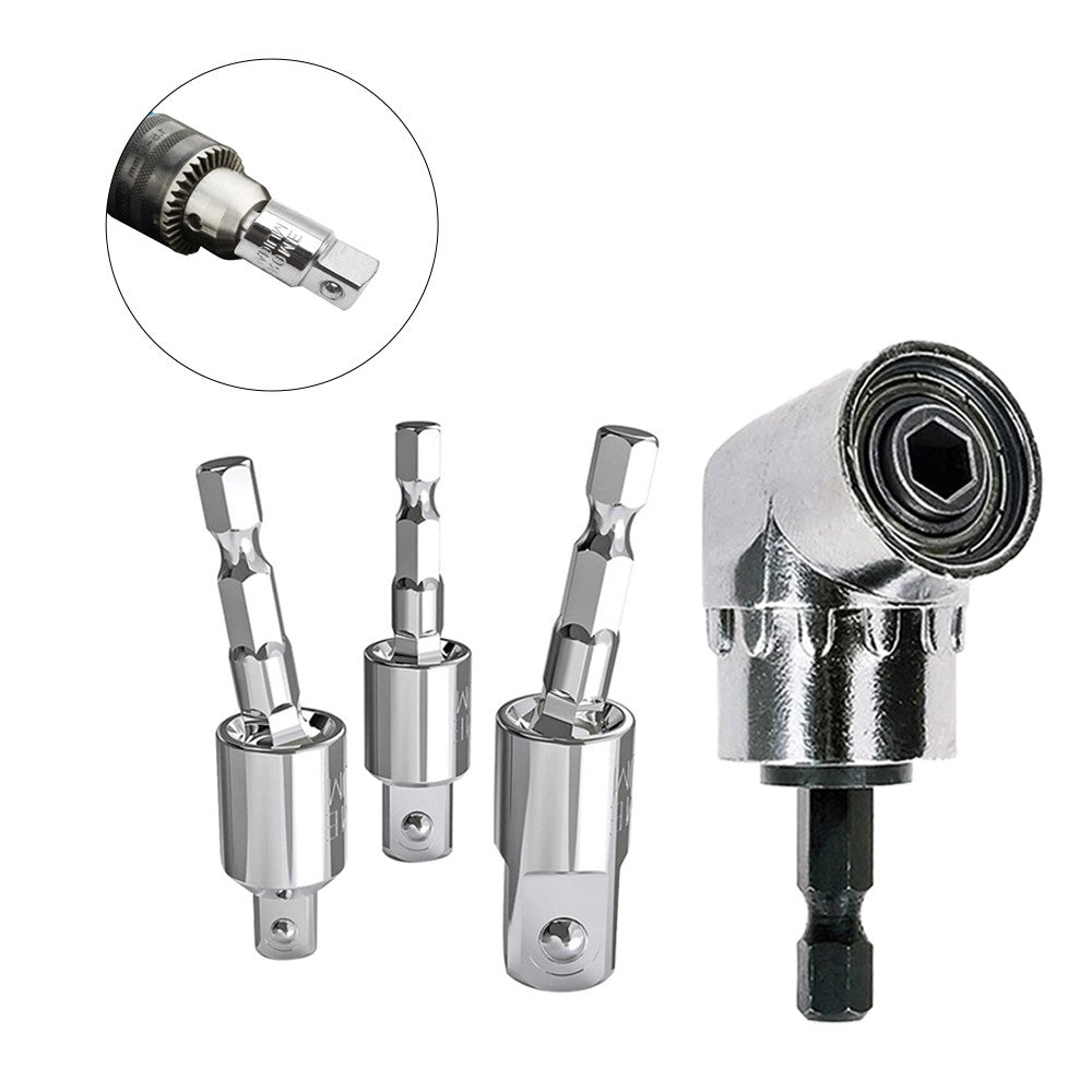 3-Piece 1/4inches Hex Drill Socket Adapter Set with Angle Drill Adapter - Silver