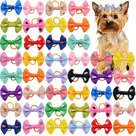 50Pcs Pet Bows Hair Accessories with Rubber Bands Pet Grooming Accessory Random