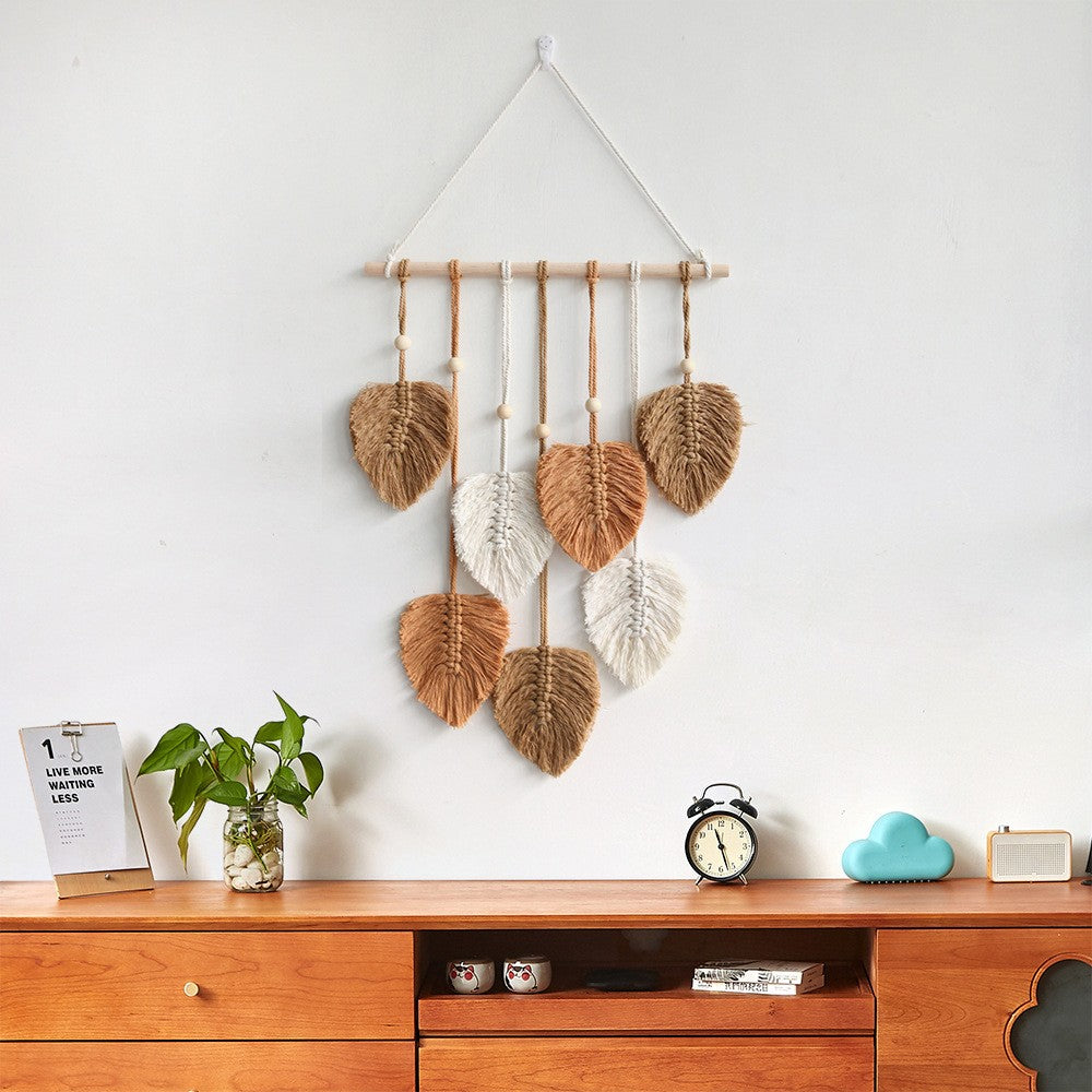 Boho Macrame Tapestry Hand Woven Cotton Wall Hanging Chic Leaf Home Decor Art - Khaki