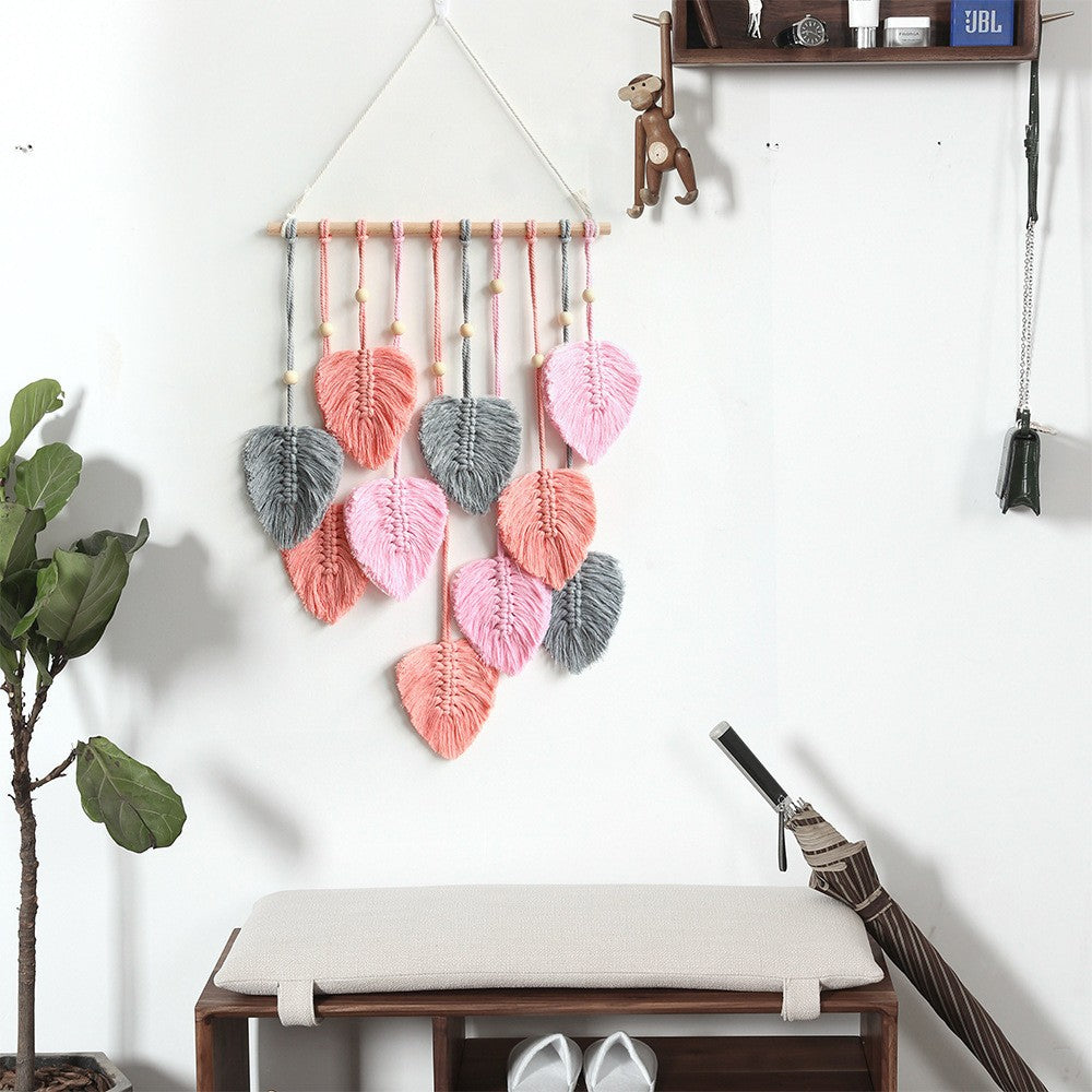 Boho Macrame Tapestry Hand Woven Cotton Wall Hanging Chic Leaf Home Decor Art - Pink