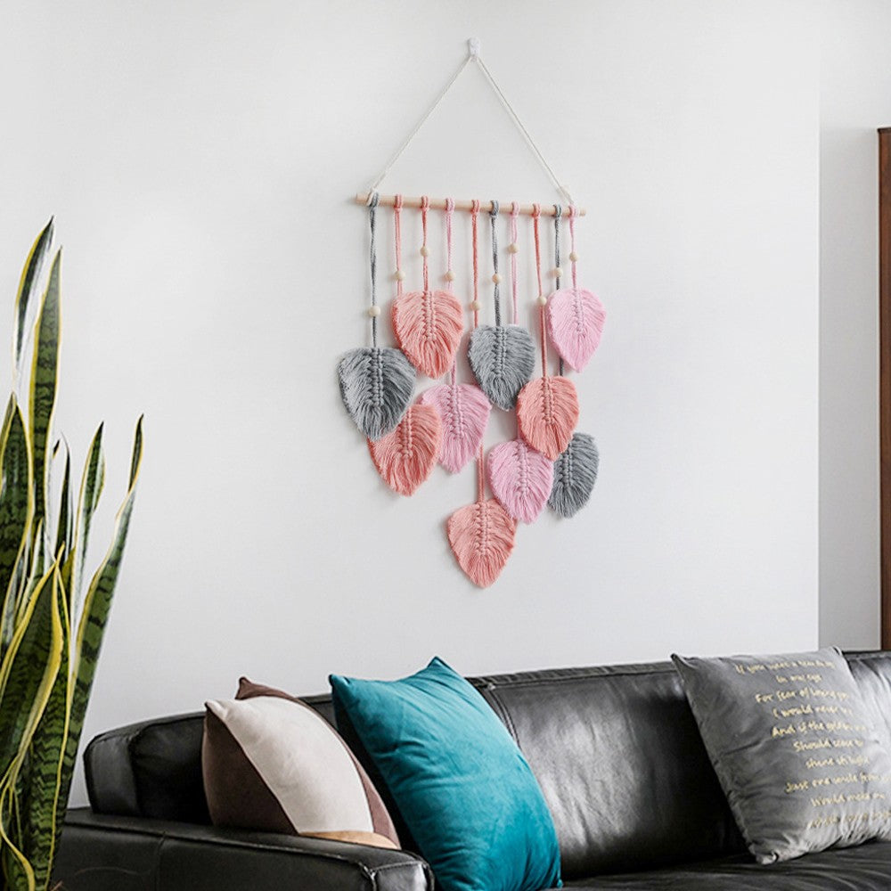 Boho Macrame Tapestry Hand Woven Cotton Wall Hanging Chic Leaf Home Decor Art - Pink
