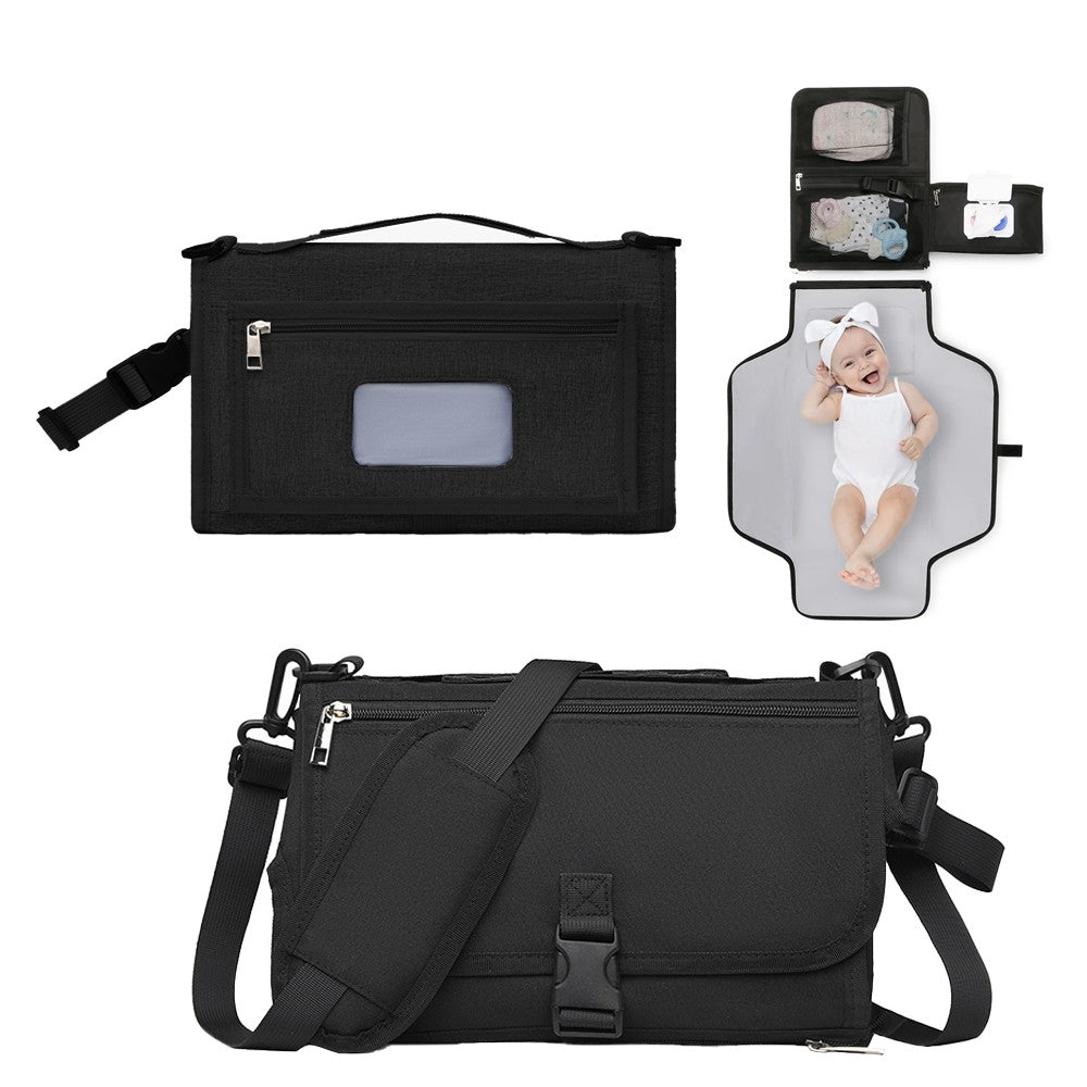 Foldable Water-resistant Diaper Changing Pad Bag with Shoulder Strap - Black