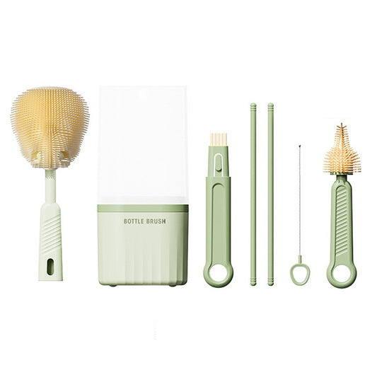 Travel Bottle Brush Set Extendable Silicone Bottle Brush with Portable Storage Case - Green