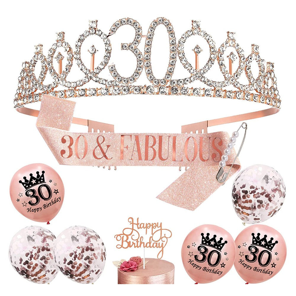 10-Piece 30th Birthday Decoration Set Birthday Crown and Sash for Girls Women