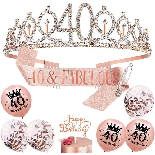 10-Piece 40th Birthday Decoration Set Birthday Crown and Sash for Girls Women