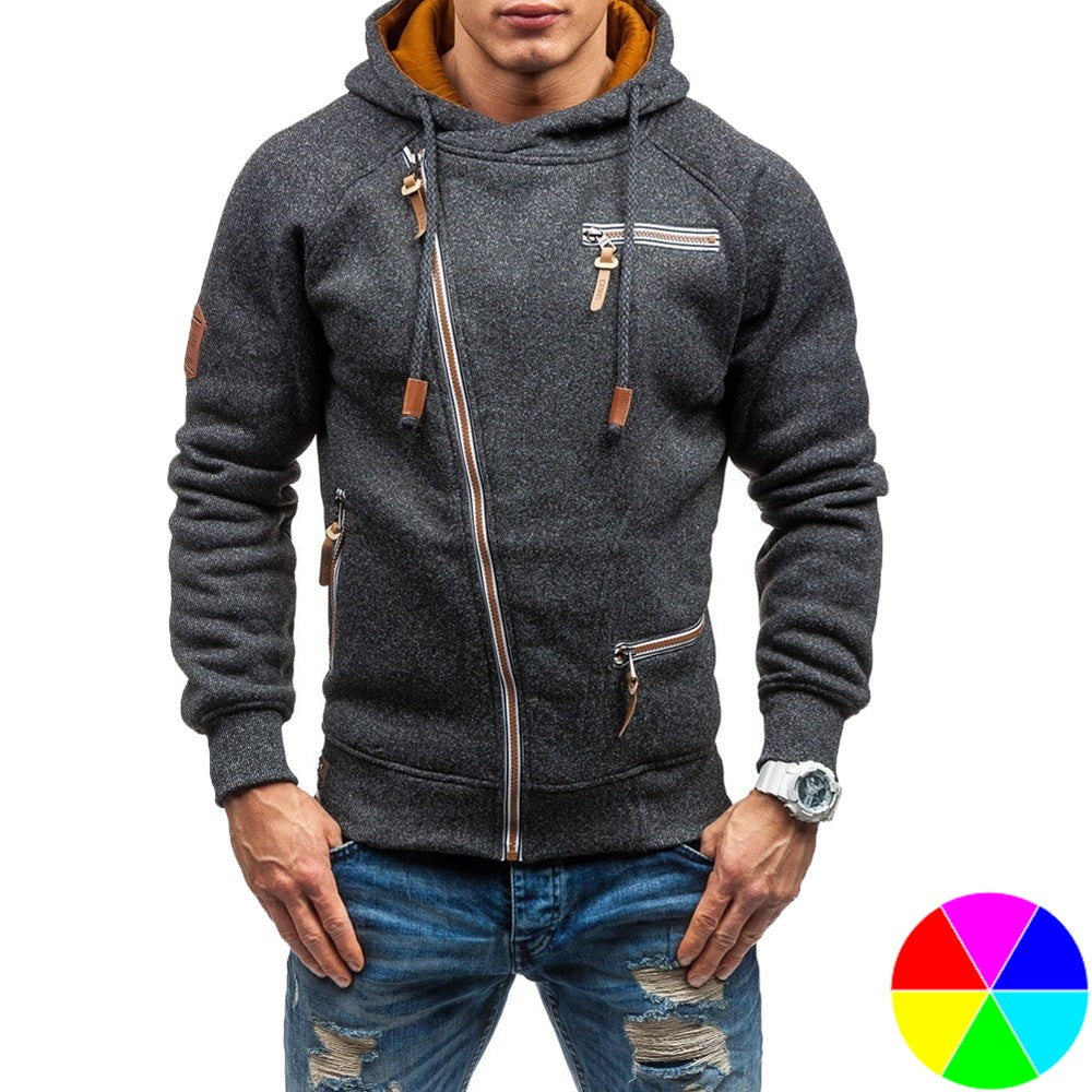Mens Diagonal Zipper Hoodie Coat