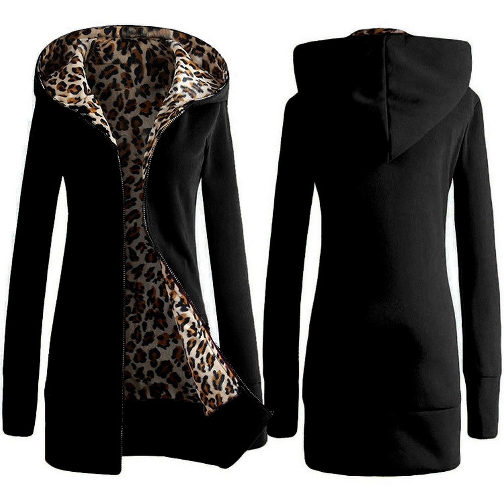 Women Hooded Padded Leopard Sweater Coat