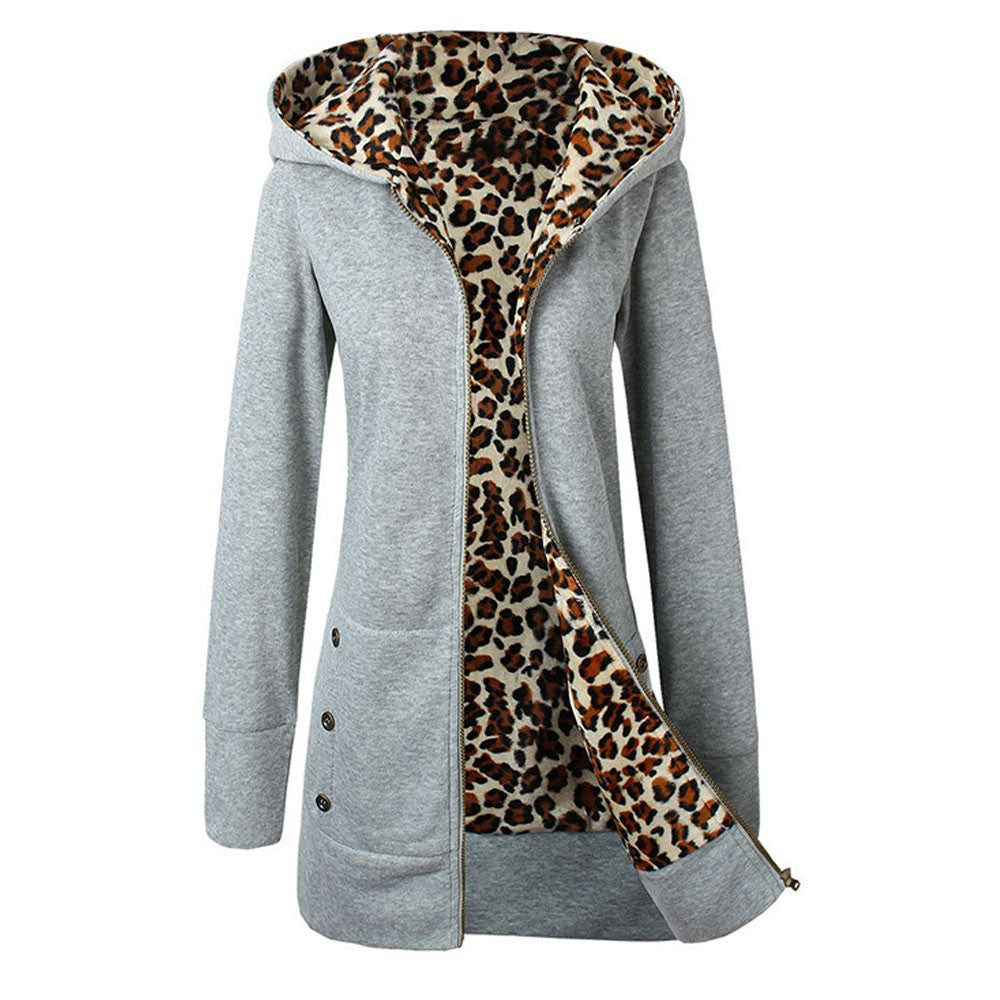 Women Hooded Padded Leopard Sweater Coat
