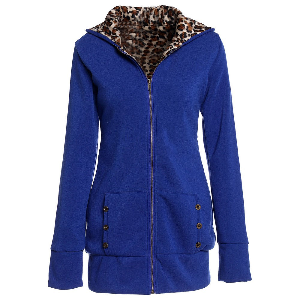 Women Hooded Padded Leopard Sweater Coat