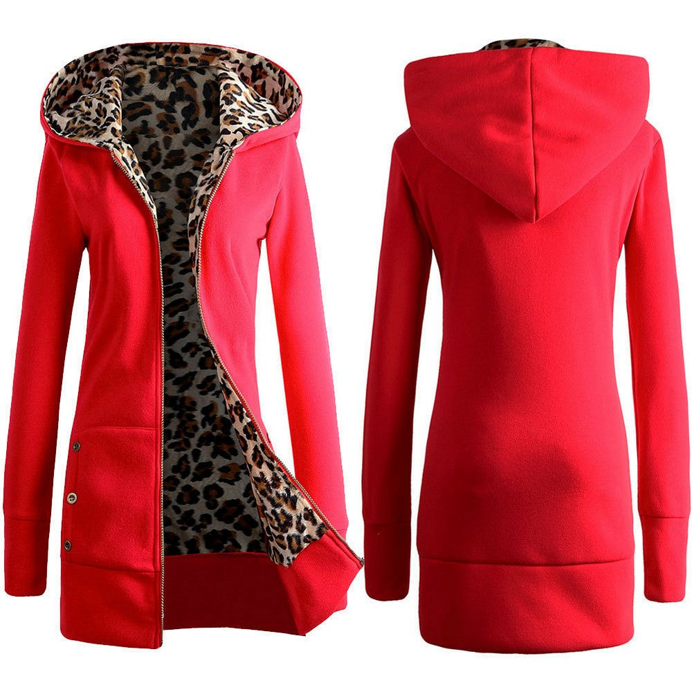 Women Hooded Padded Leopard Sweater Coat