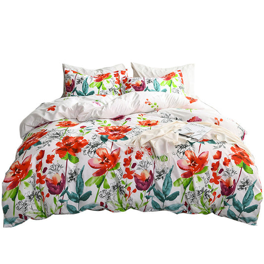 3Pcs Queen Size Floral Bedding Set Floral Printed Duvet Cover Pillowcase White