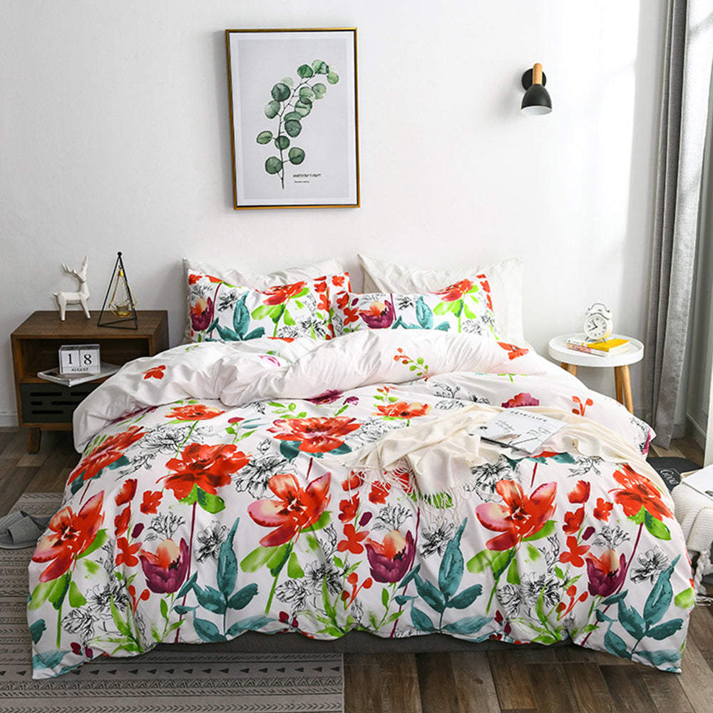 3Pcs King Size Floral Bedding Set Floral Printed Duvet Cover Pillowcase White