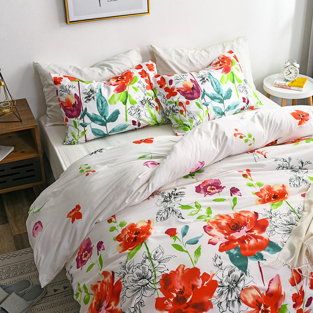 3Pcs King Size Floral Bedding Set Floral Printed Duvet Cover Pillowcase White