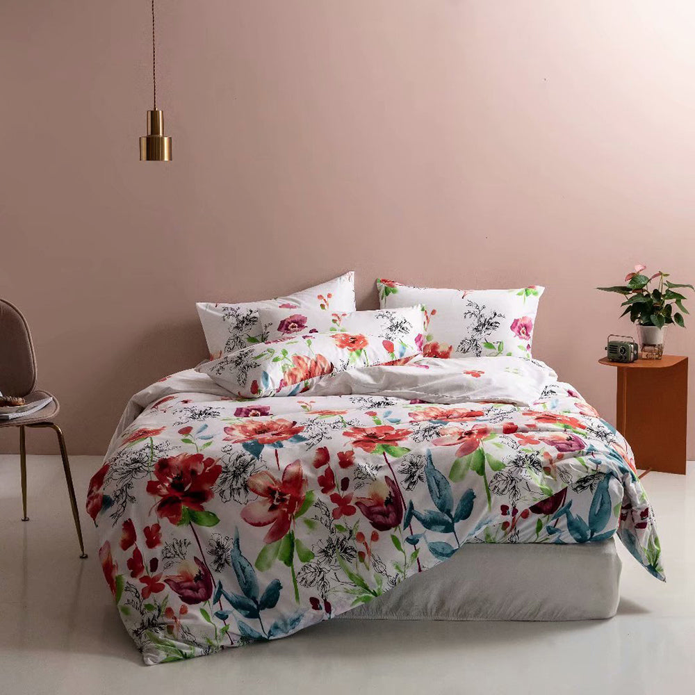 3Pcs Queen Size Floral Bedding Set Floral Printed Duvet Cover Pillowcase White