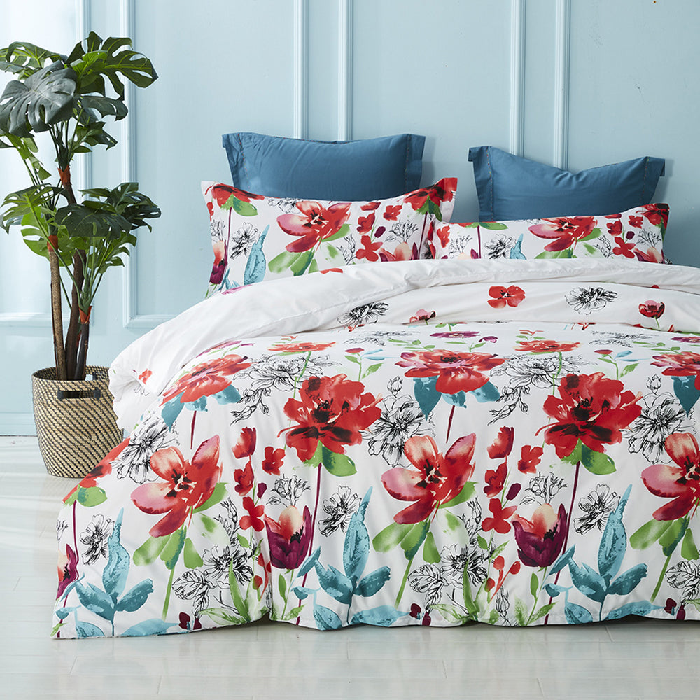 3Pcs Queen Size Floral Bedding Set Floral Printed Duvet Cover Pillowcase White