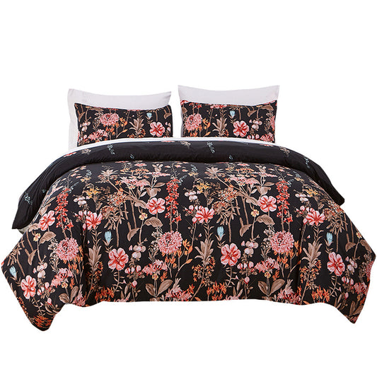 3Pcs Queen Size Black Floral Bedding Set Floral Printed Duvet Cover Pillowcase