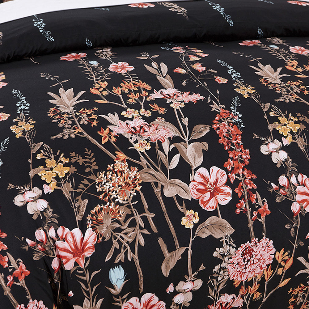 3Pcs King Size Black Floral Bedding Set Floral Printed Duvet Cover Pillowcase