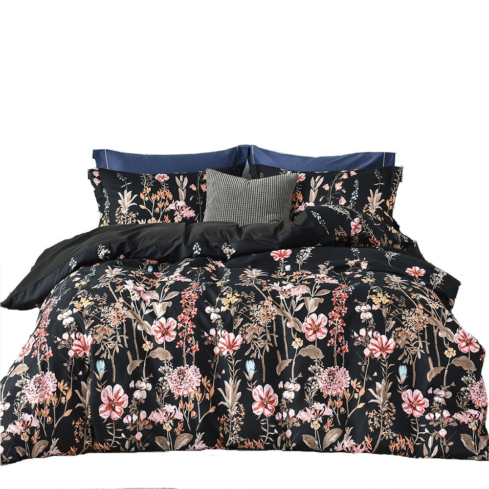 3Pcs Queen Size Black Floral Bedding Set Floral Printed Duvet Cover Pillowcase