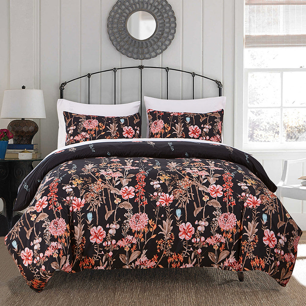 3Pcs King Size Black Floral Bedding Set Floral Printed Duvet Cover Pillowcase