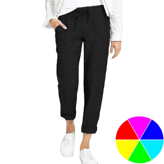 Women Linen Solid Color Pants Drawstring Trousers