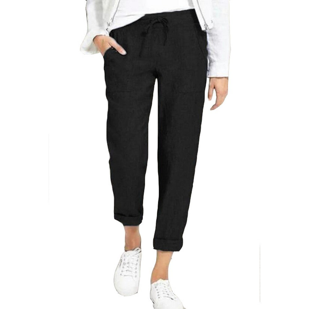 Women Linen Solid Color Pants Drawstring Trousers