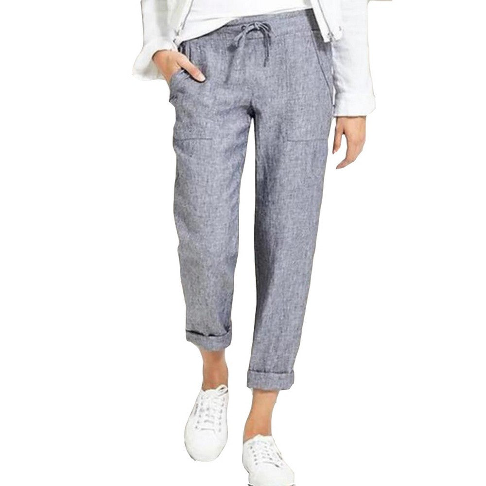 Women Linen Solid Color Pants Drawstring Trousers