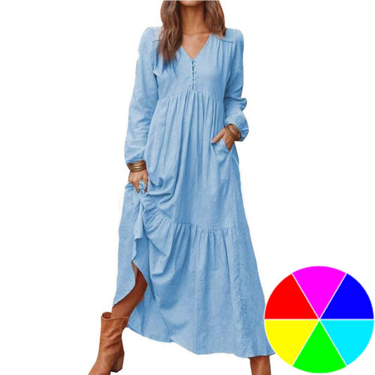 Women Vintage Long Sleeves Loose Linen Dress