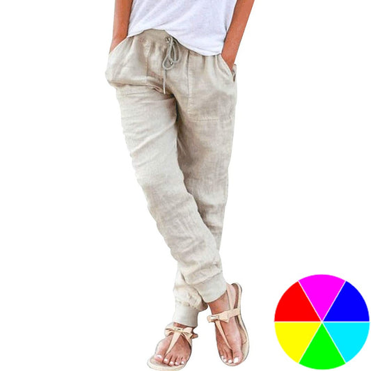 Women Linen Solid Color Trousers Drawstring Casual Linen Pants
