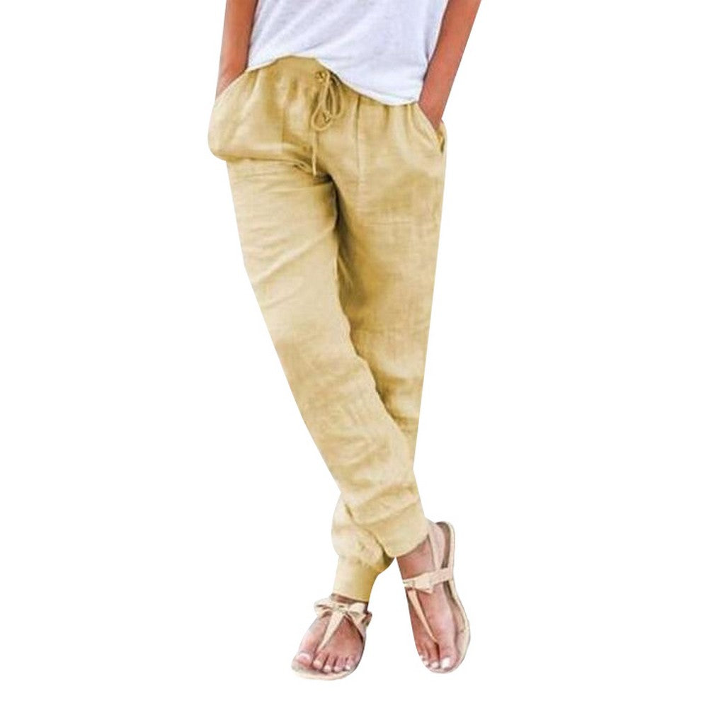 Women Linen Solid Color Trousers Drawstring Casual Linen Pants