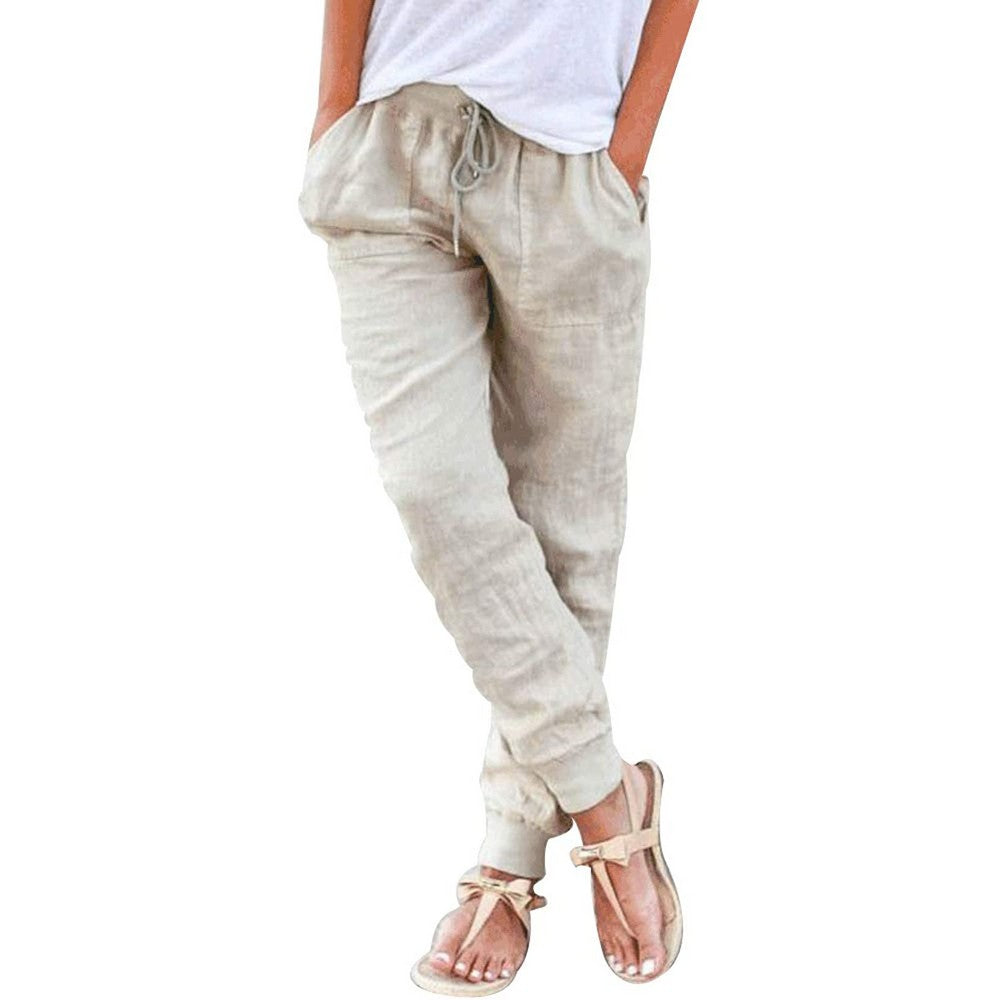 Women Linen Solid Color Trousers Drawstring Casual Linen Pants