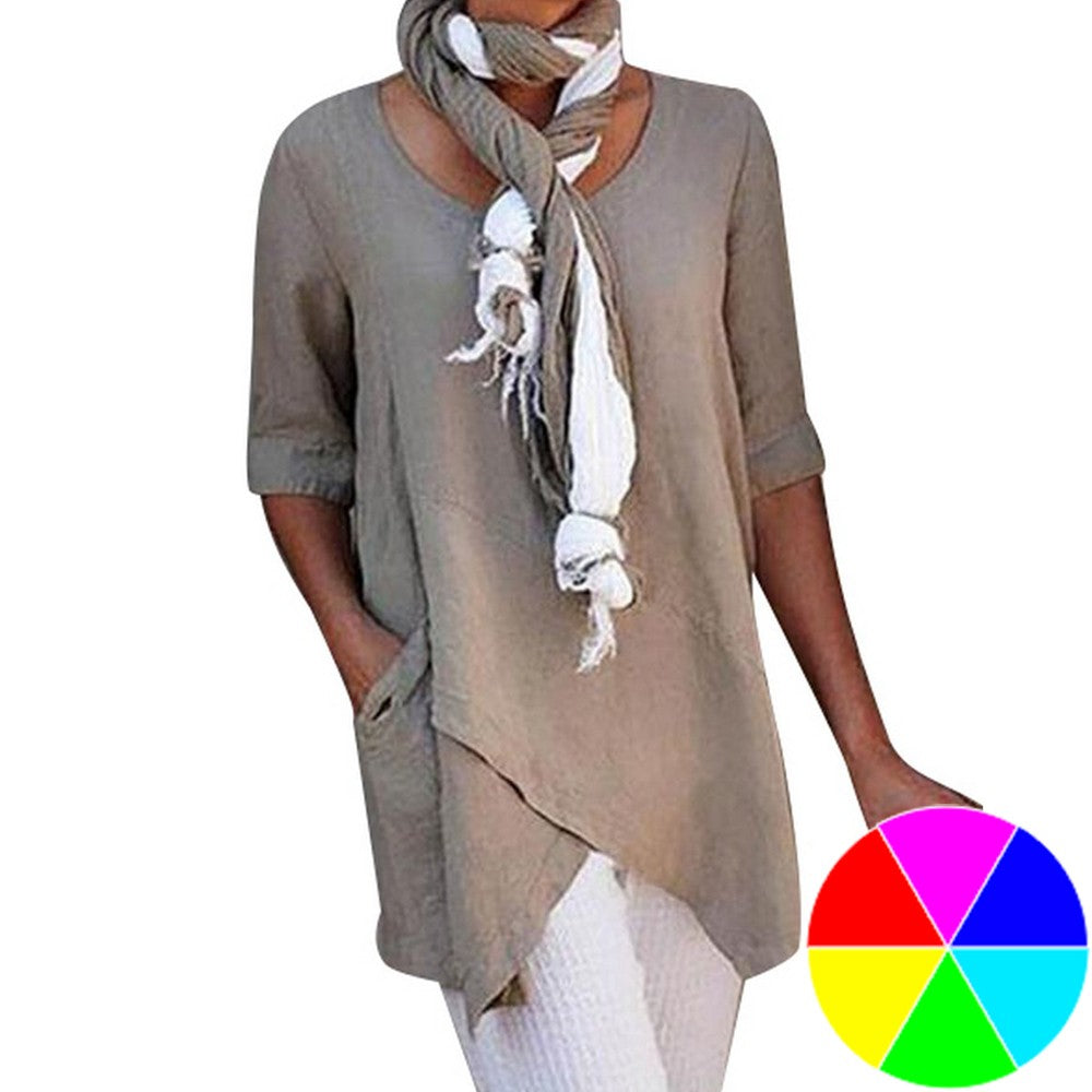 Women Linen Crew Neck T Shirt