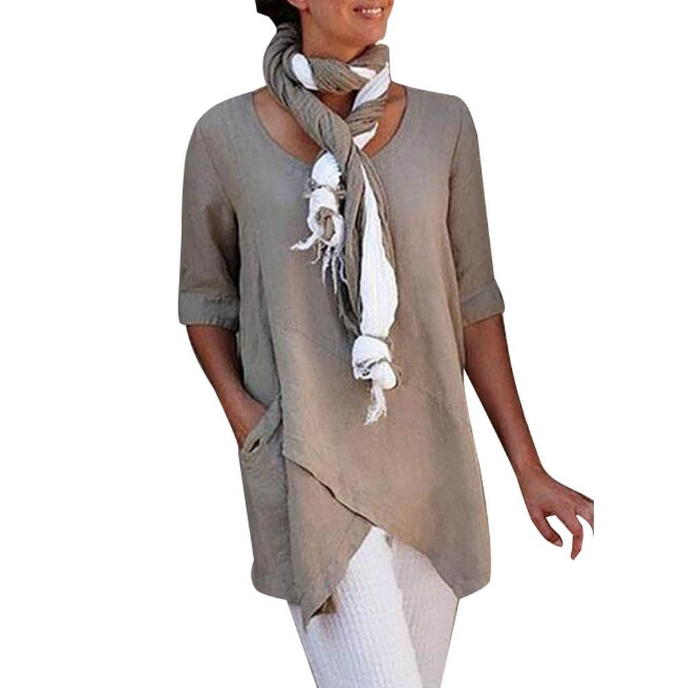 Women Linen Crew Neck T Shirt