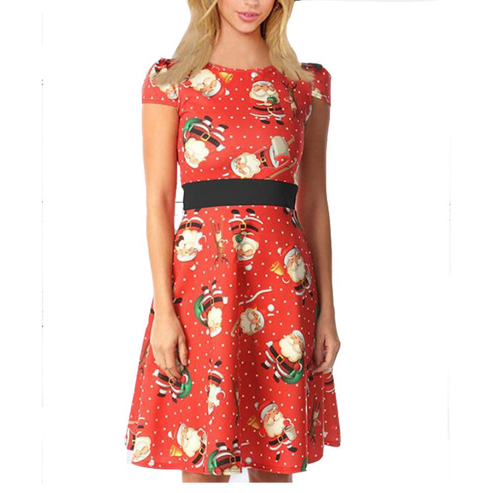 Women Round Neck Short Sleeve Skirt Red