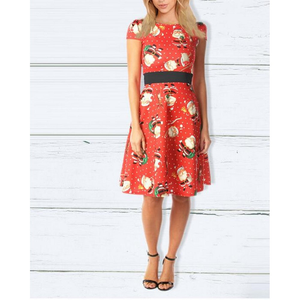Women Round Neck Short Sleeve Skirt Red
